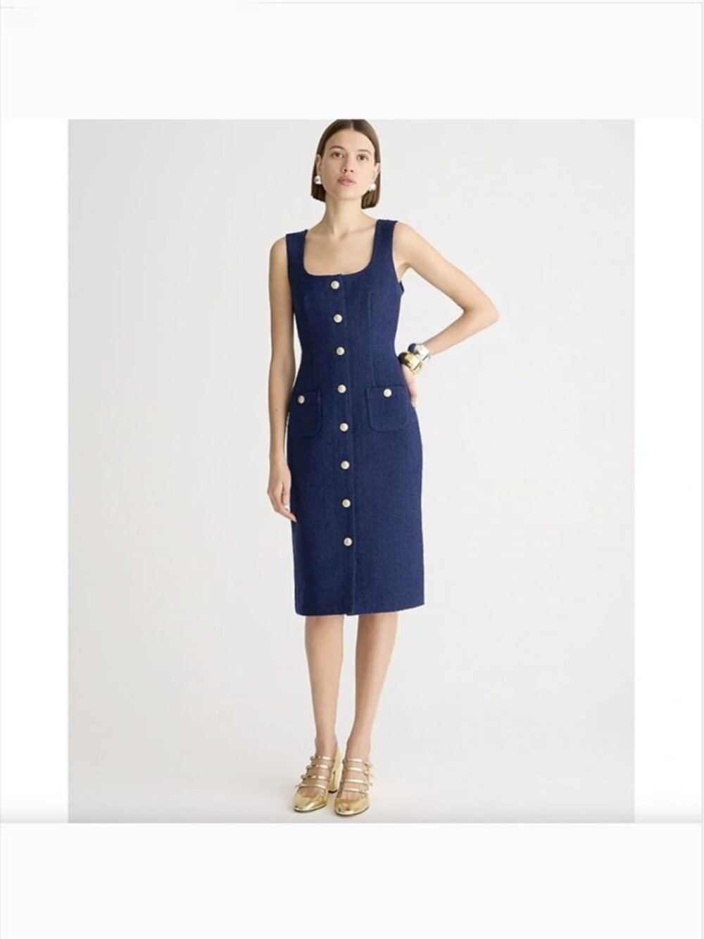 J. Crew Sophia Sleeveless Tweed Midi Dress Size 6 Navy Gold Button Office Pocket